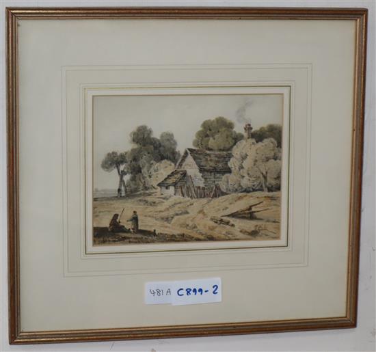 Attributed to Thomas Girtin (1775-1802), watercolour, Figures beside a cottage, bears signature, 14.5 x 19cm